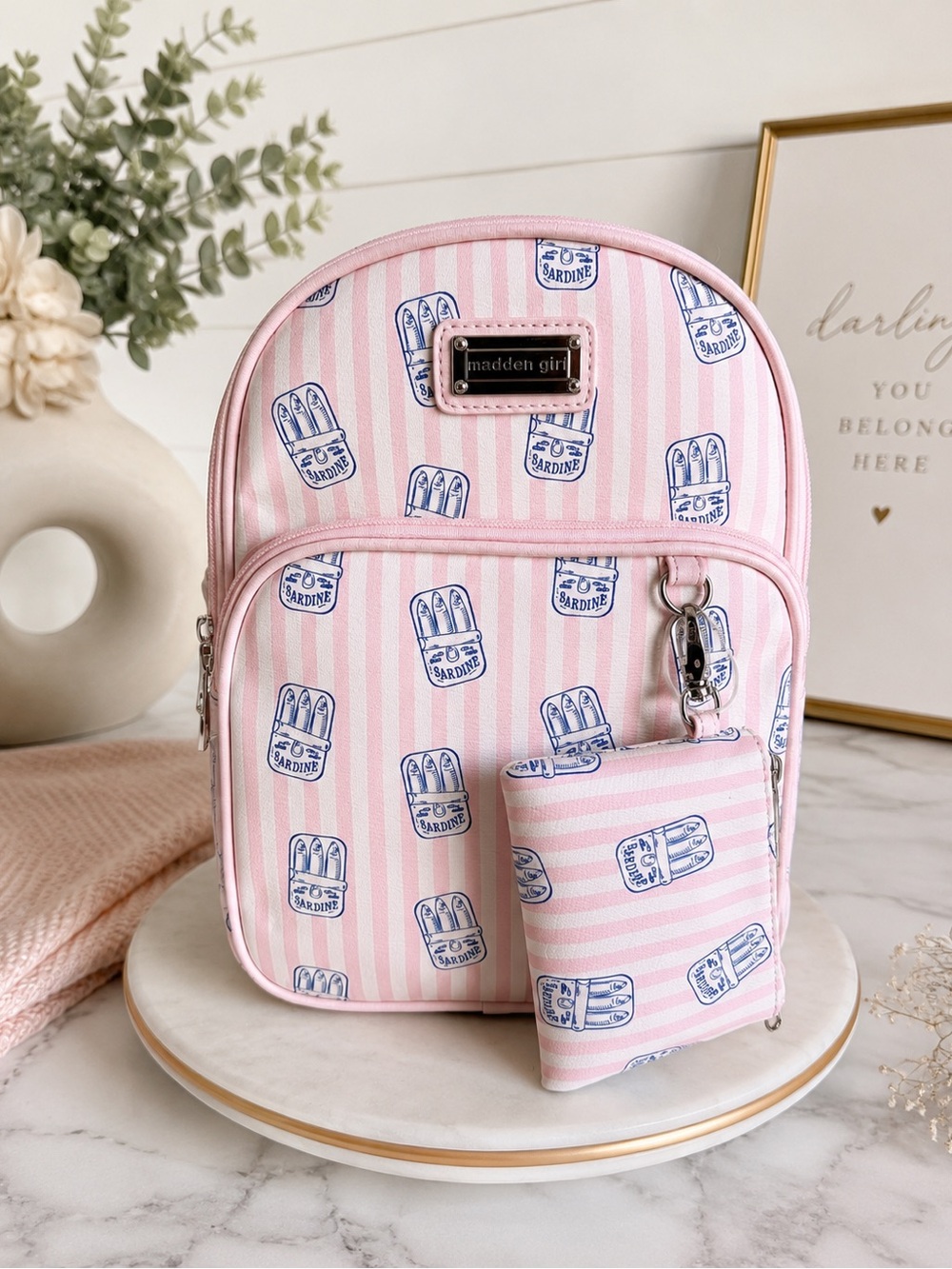 Madden Girl Pink Striped Sardine Print Kids Small Backpack with Pouch